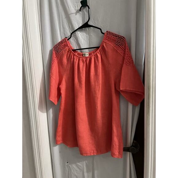 Terzo Millennio Tops - Terzo Millennio Salmon Orange Made In Italy Linen Crochet Shoulder Blouse Sz M